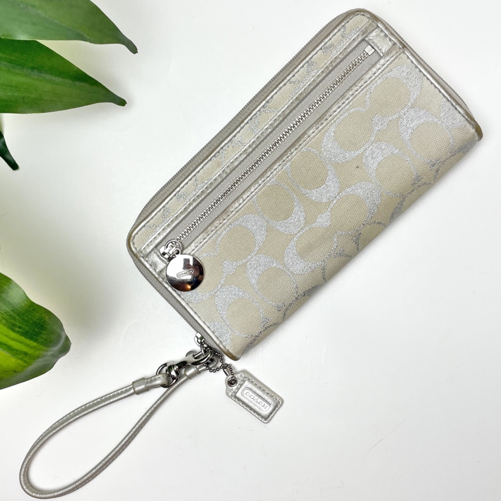 Coach Silver Metallic Signature C Jacquard Zip Around Wristlet Wallet